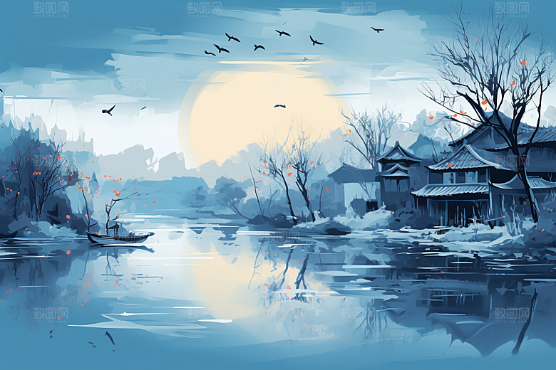 水墨江南中国风小桥流水插画