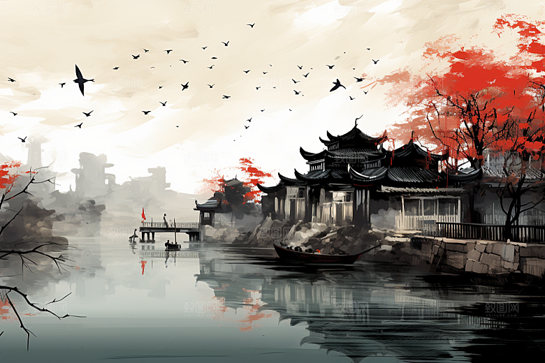 水墨江南粉墙黛瓦水彩插画