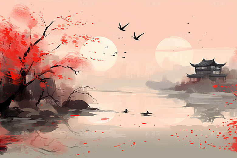 水墨江南小镇水乡插画
