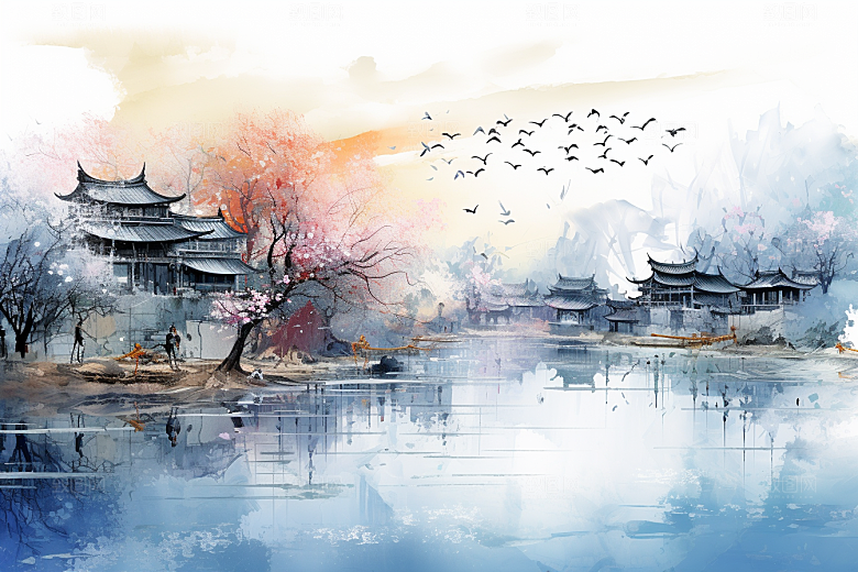水墨江南小镇水彩插画