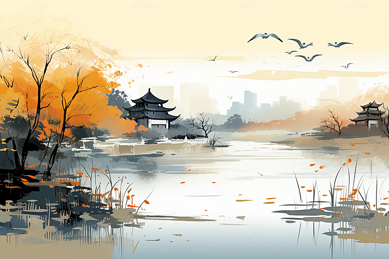 水墨江南手绘粉墙黛瓦插画