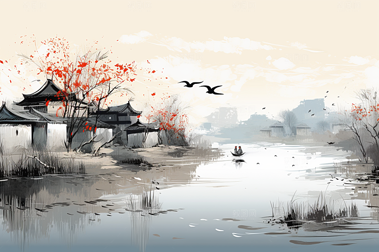 水墨江南晕染小镇插画