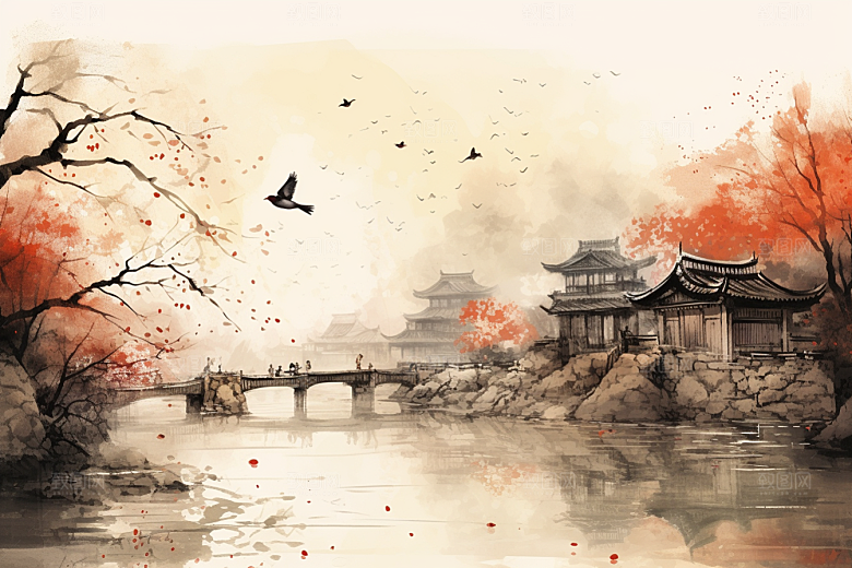 水墨江南小镇粉墙黛瓦插画