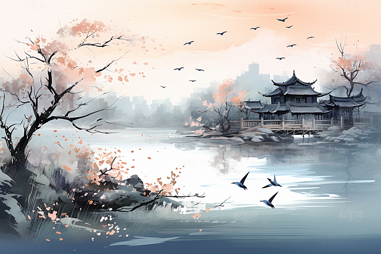 水墨江南小桥流水晕染插画