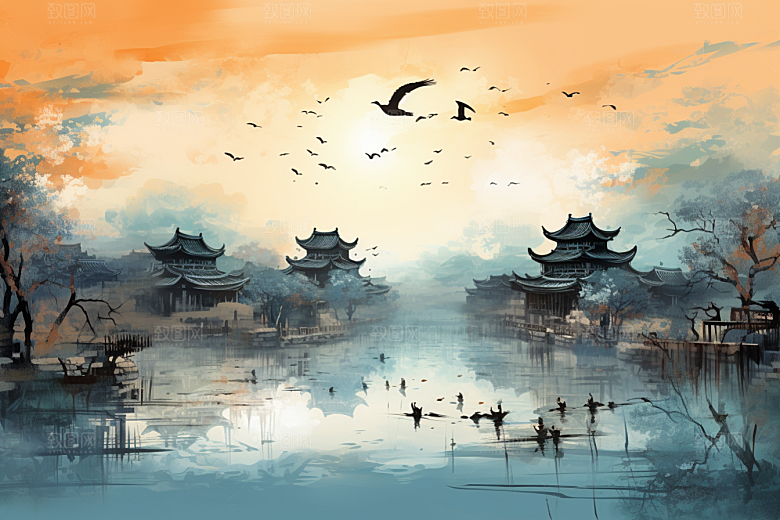 水墨江南晕染中式插画