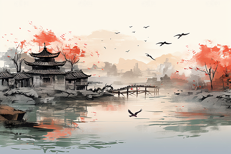 水墨江南中式粉墙黛瓦插画