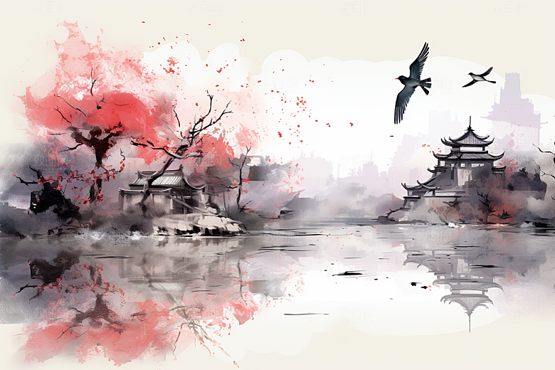 水墨江南中式晕染插画