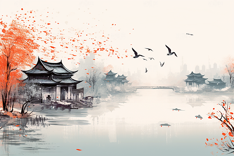 水墨江南粉墙黛瓦晕染插画