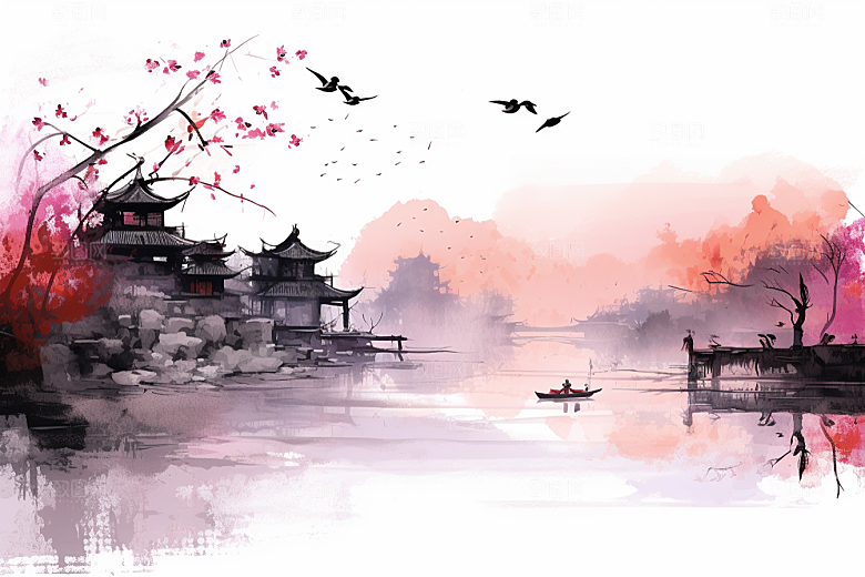 水墨江南中式水彩插画