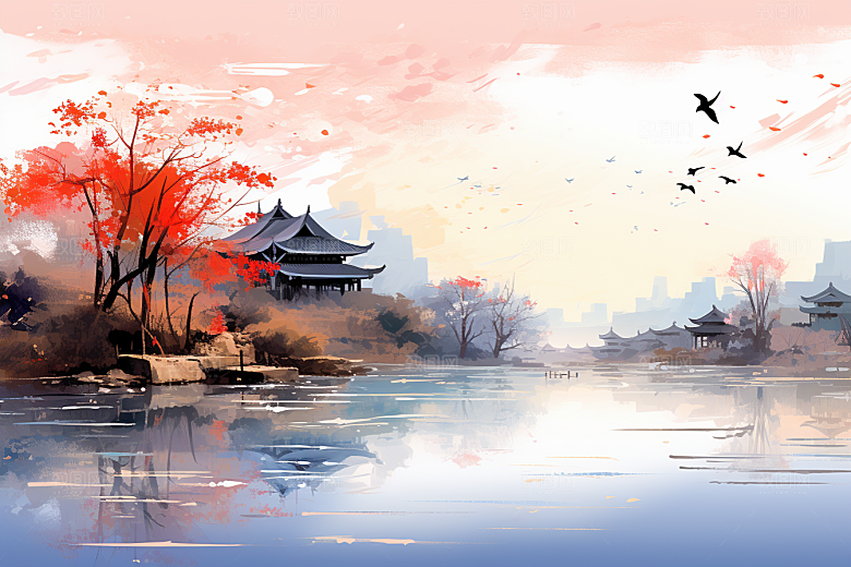 水墨江南水彩粉墙黛瓦插画