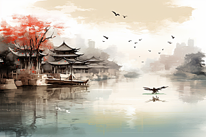 水墨江南中国风中式插画