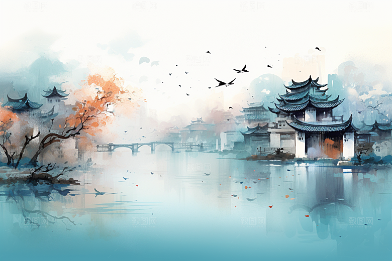 水墨江南小镇晕染插画