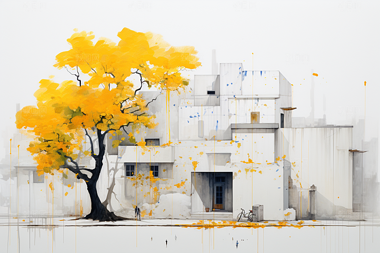 水墨江南小镇水彩插画