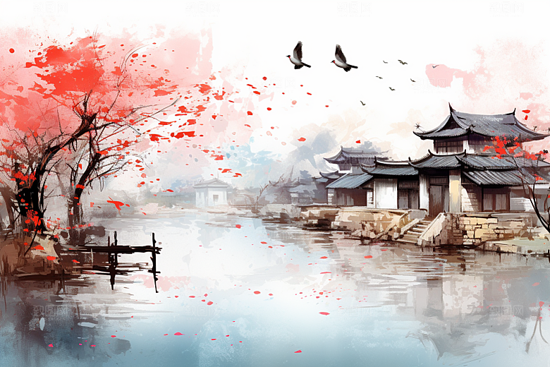 水墨江南晕染水彩插画