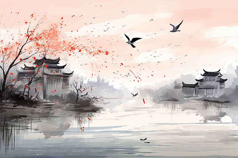 水墨江南水乡水彩插画