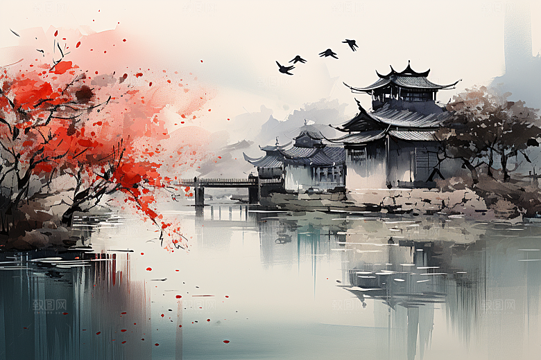 水墨江南晕染中式插画