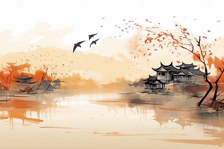 水墨江南手绘晕染插画