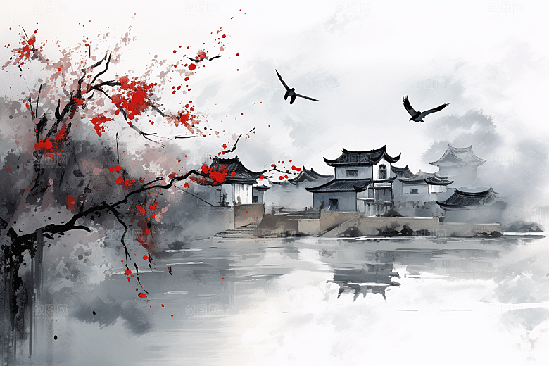 水墨江南中式晕染插画