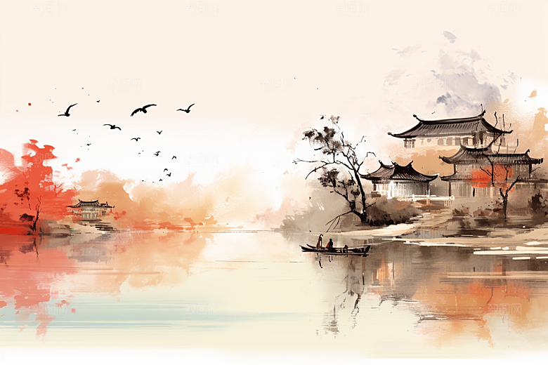 水墨江南晕染粉墙黛瓦插画