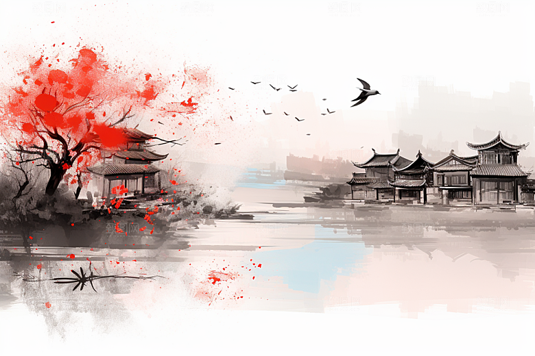 水墨江南中式水乡插画