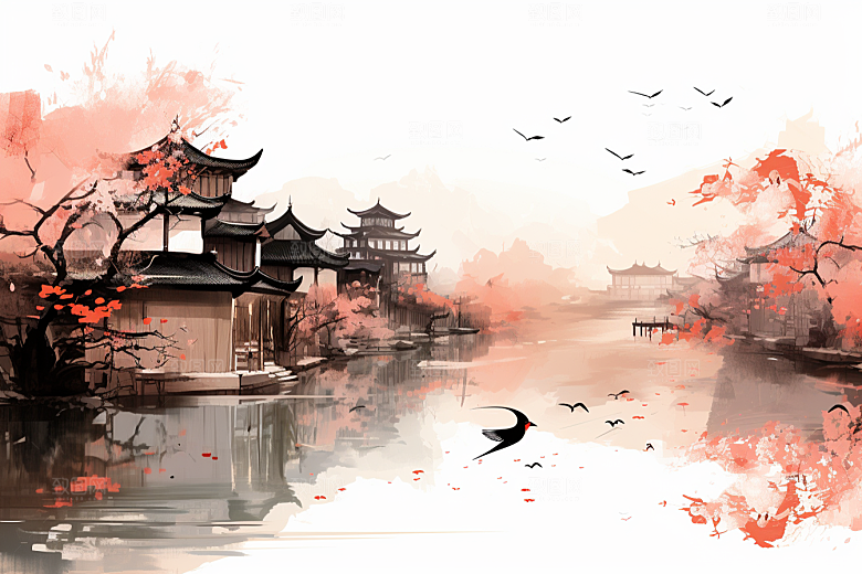 水墨江南水彩中国风插画