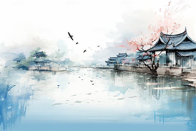 水墨江南小桥流水中式插画