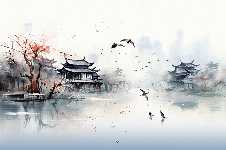 水墨江南小镇水乡插画