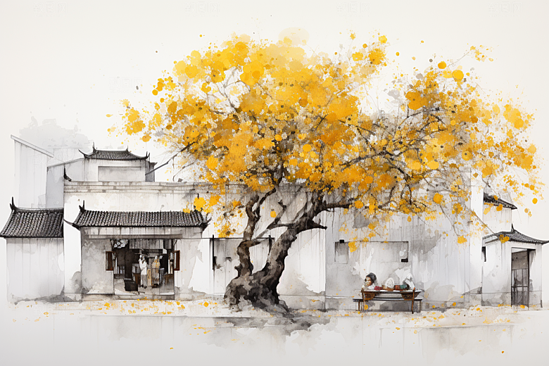 水墨江南粉墙黛瓦小镇插画