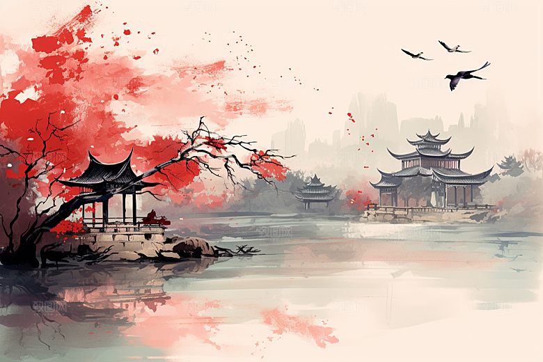 水墨江南水彩晕染插画