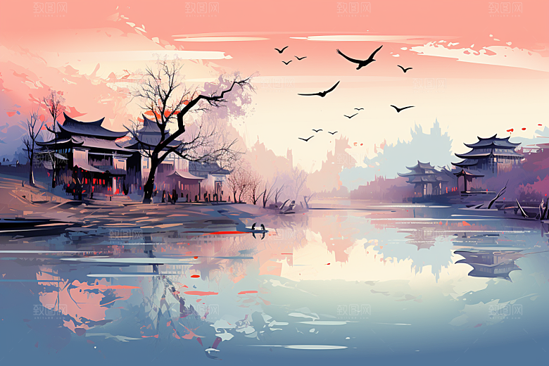 水墨江南手绘中式插画