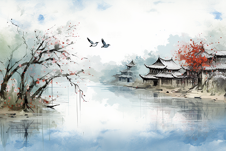 水墨江南晕染小桥流水插画