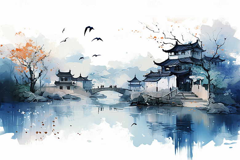 水墨江南小镇晕染插画