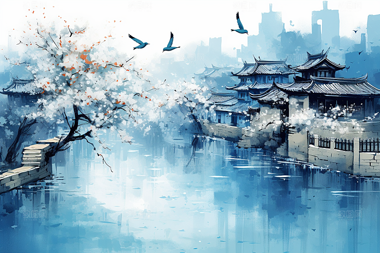 水墨江南水彩中国风插画