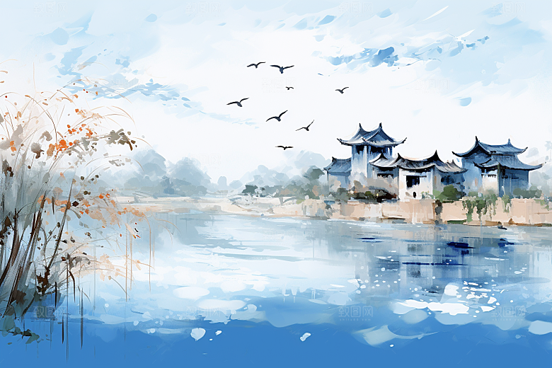 水墨江南中国风小桥流水插画