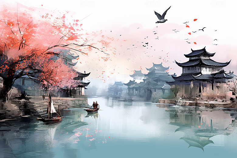 水墨江南手绘晕染插画