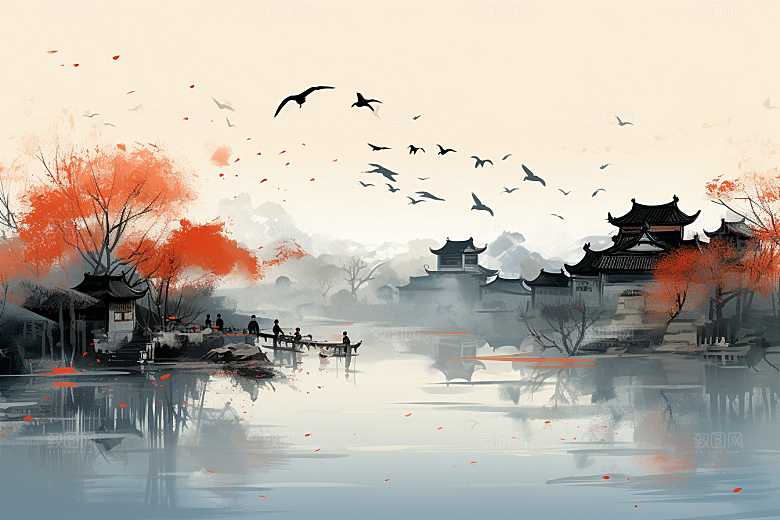 水墨江南手绘小桥流水插画