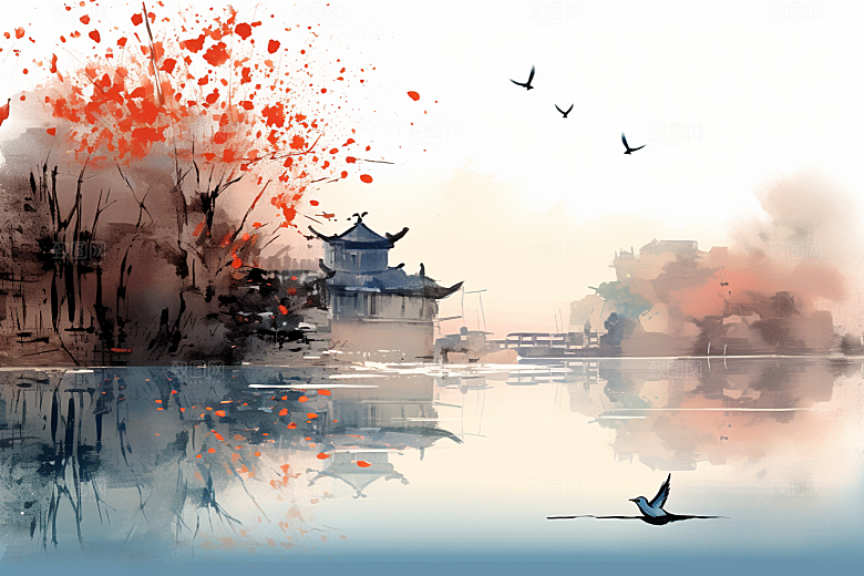 水墨江南中式小镇插画