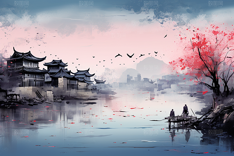 水墨江南小桥流水水乡插画
