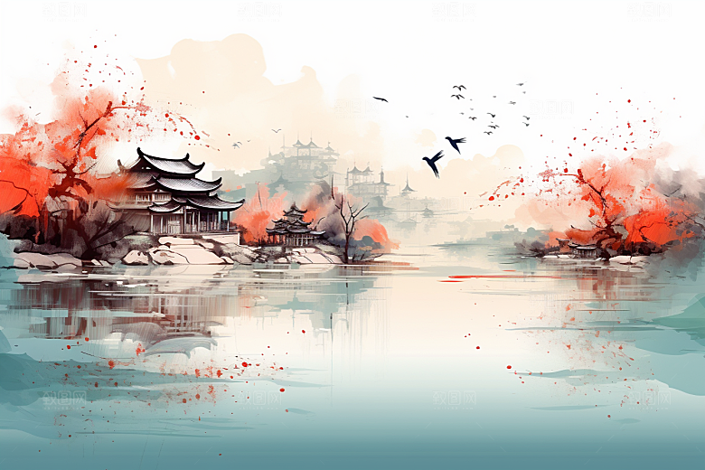 水墨江南晕染中国风插画