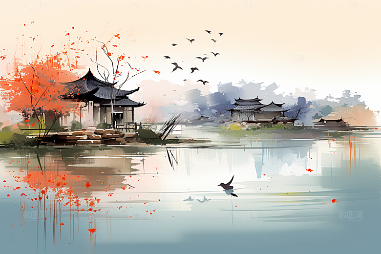 水墨江南中国风小镇插画
