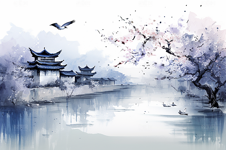 水墨江南水乡手绘插画