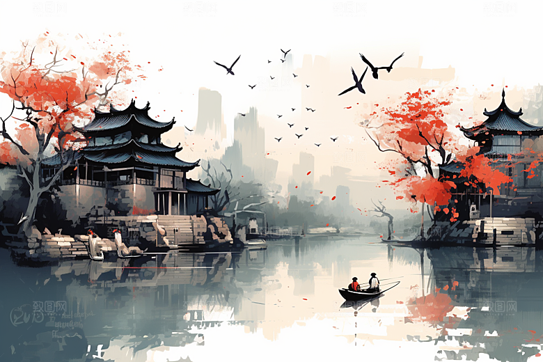 水墨江南中国风水乡插画