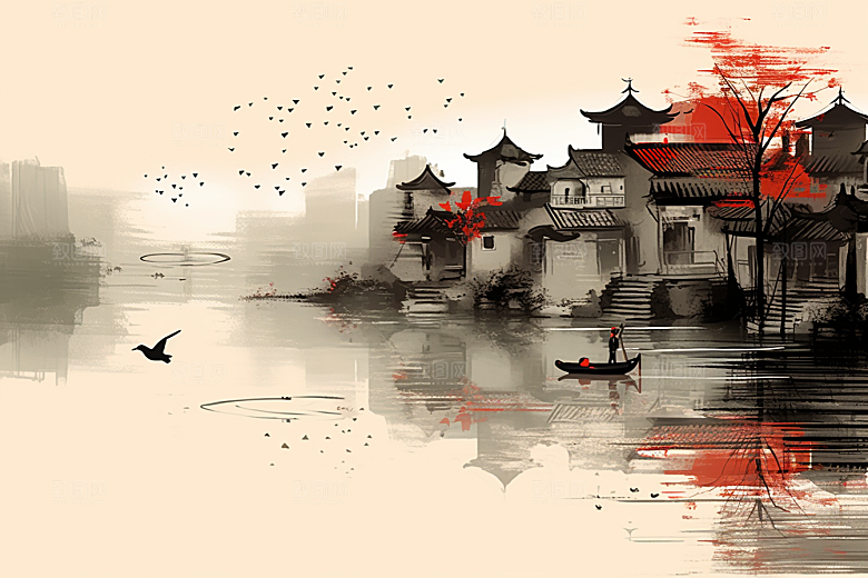 水墨江南小镇水彩插画