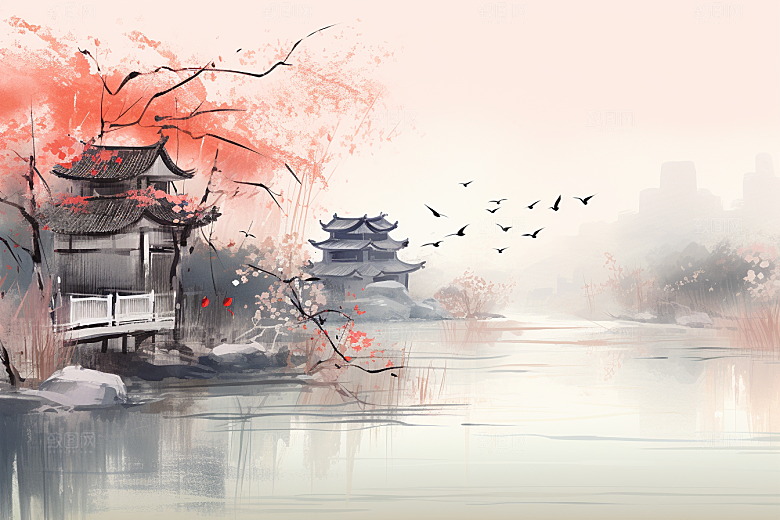 水墨江南中式水彩插画