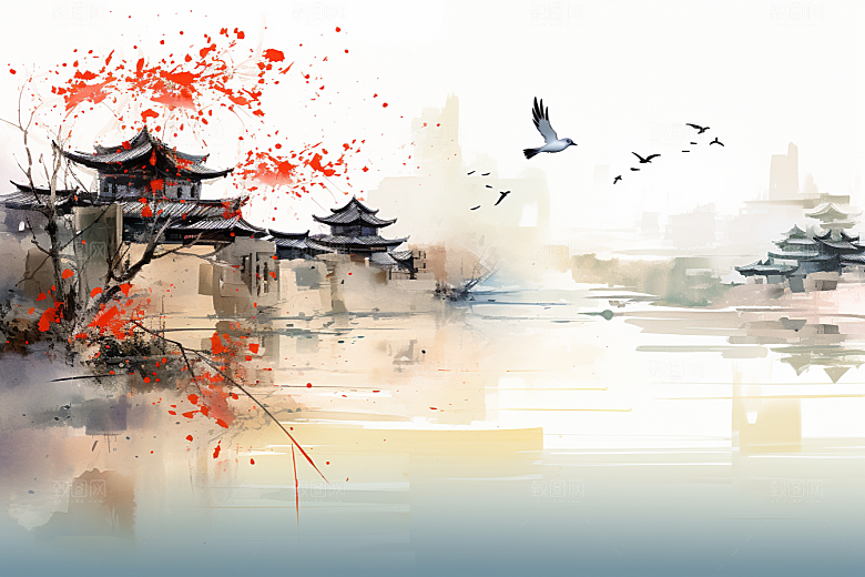 水墨江南晕染小镇插画