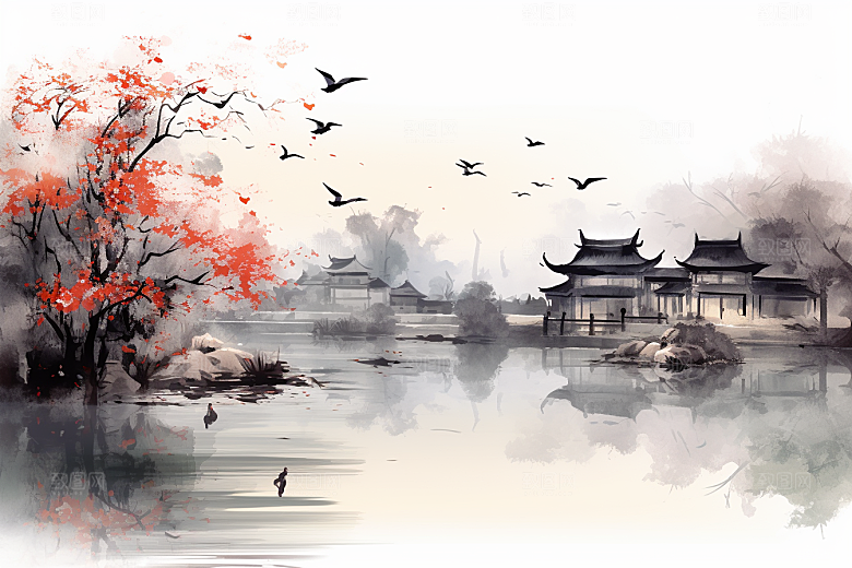 水墨江南小桥流水小镇插画