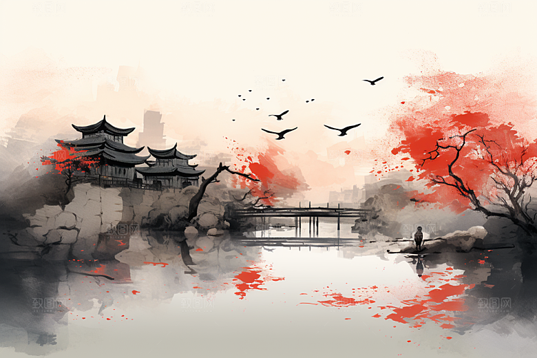 水墨江南小镇水彩插画