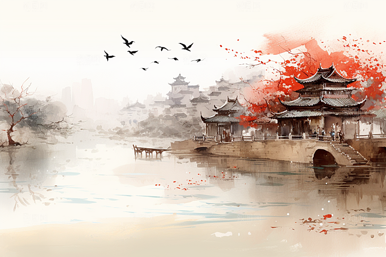水墨江南粉墙黛瓦晕染插画