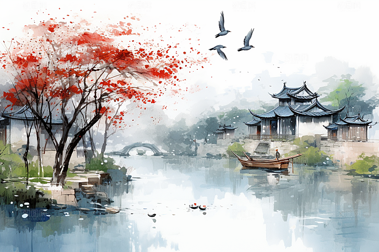 水墨江南手绘晕染插画