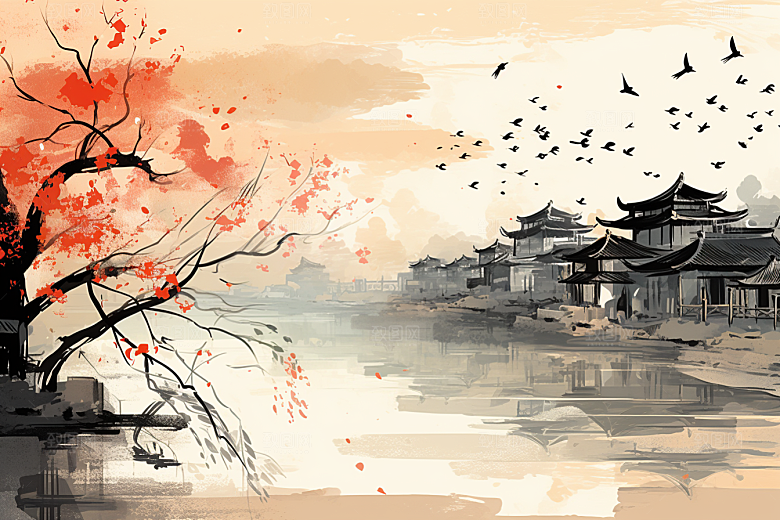 水墨江南小桥流水水乡插画